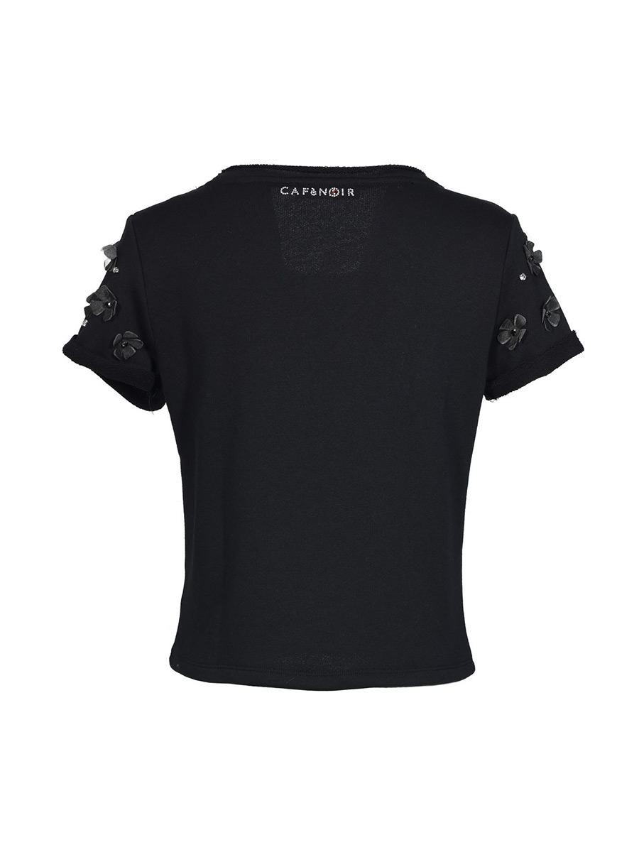 T-Shirt-a-Maniche-Corte-con-Fiori-Applicati-Nera-NJT095-010---Cafè-Noir T-Shirt-a-Maniche-Corte-con-Fiori-Applicati-Nera-NJT095-010---Cafè-Noir