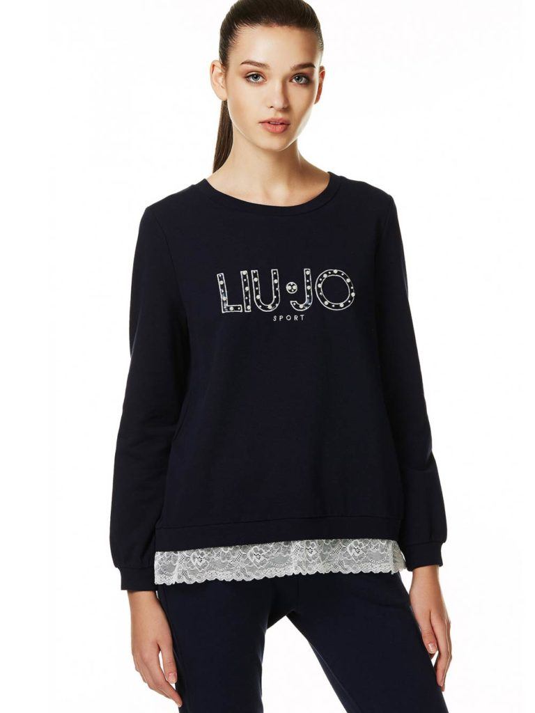 Felpa Donna Neverless Con Stampa Uccelli E Ancora – Blu Navy, Taglia L, Morbida Internamente, Girocollo