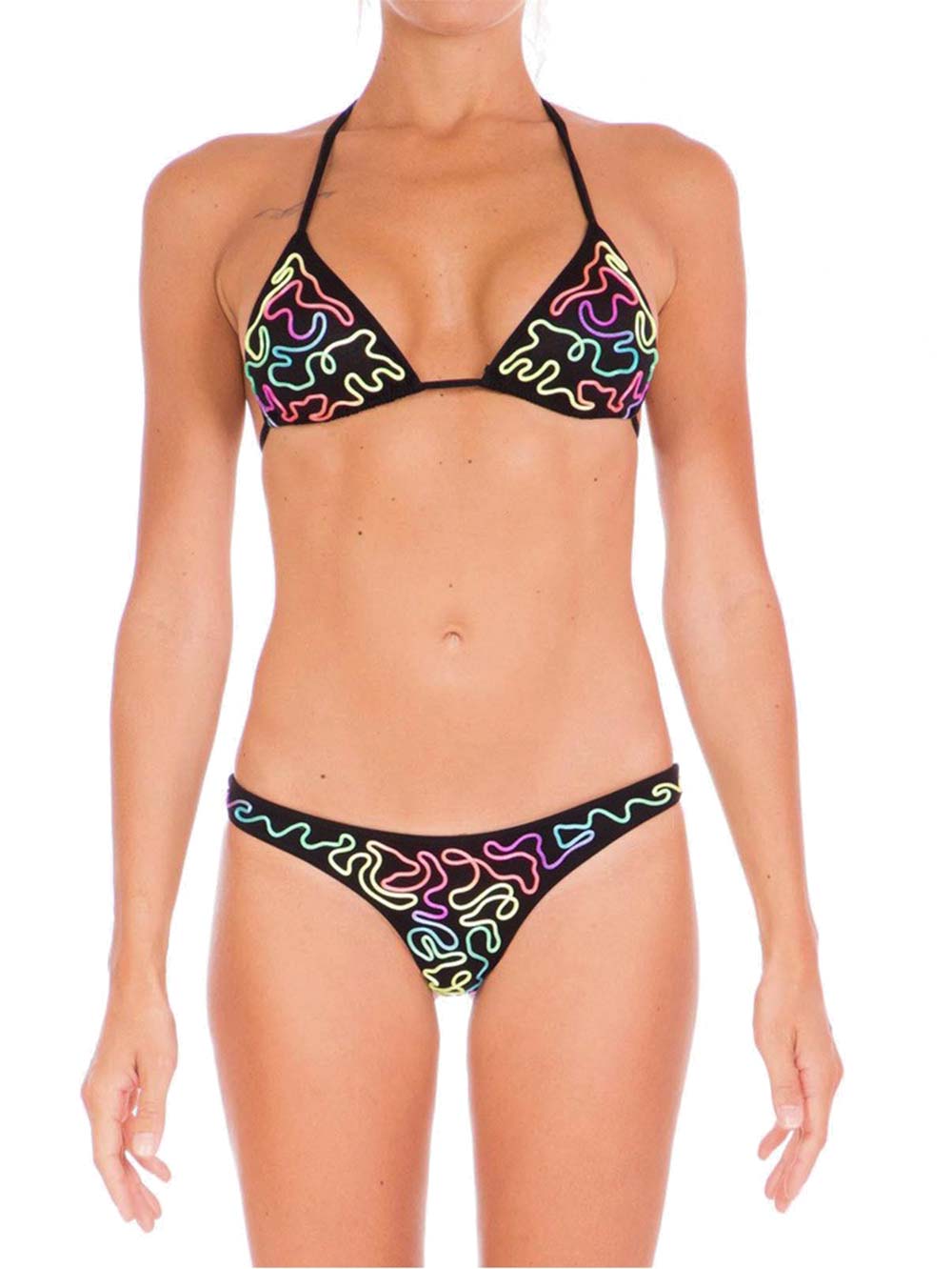 Bikini-Donna-Pin-Up-Nero-in-Toulle-con-Ricami-Multicolore---18P055S34
