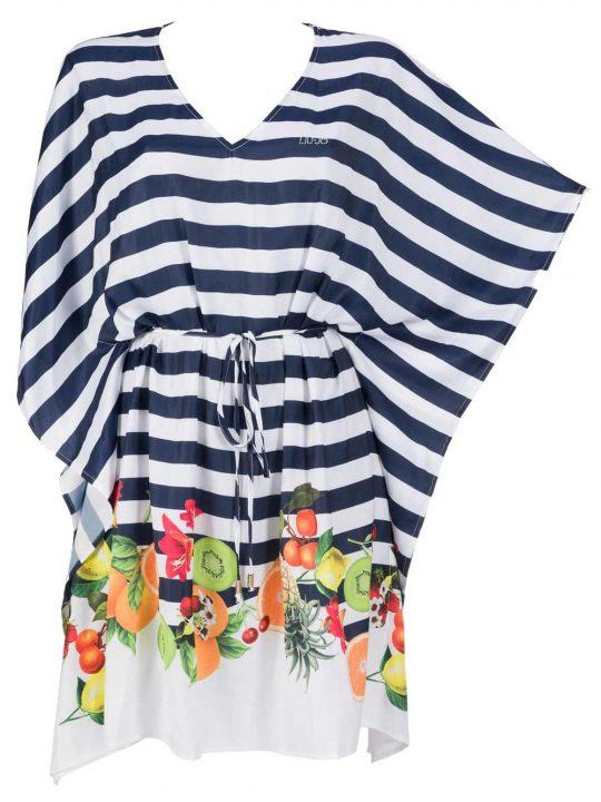 Camicia Kaftano Donna Liu Jo Beachwear a Righe Bianco e Blu con Stampe Frutta - V18052T51698666