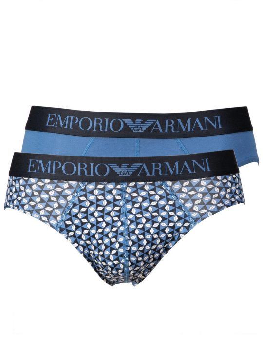 Slip Bipack Uomo Emporio Armani in Cotone Azzurro e Fantasia - 1117338A71754235