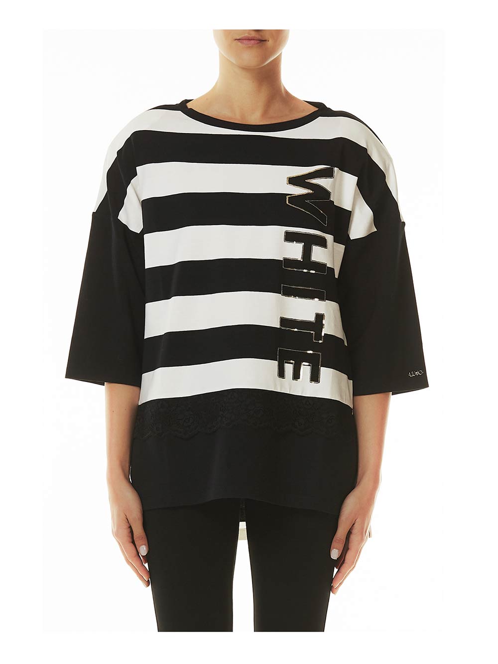 Maglia Donna Liu Jo Sport Manica Lunga a Righe Bianche e Nere con Stampa - T68107J5574B3122