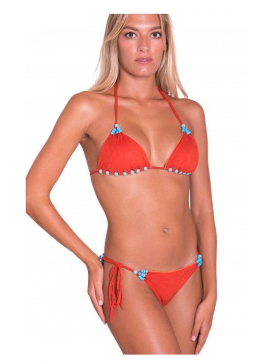 Bikini Donna Pin Up Stars fondo rosso corallo in lycra alcantara effetto daino - 20P012CF10