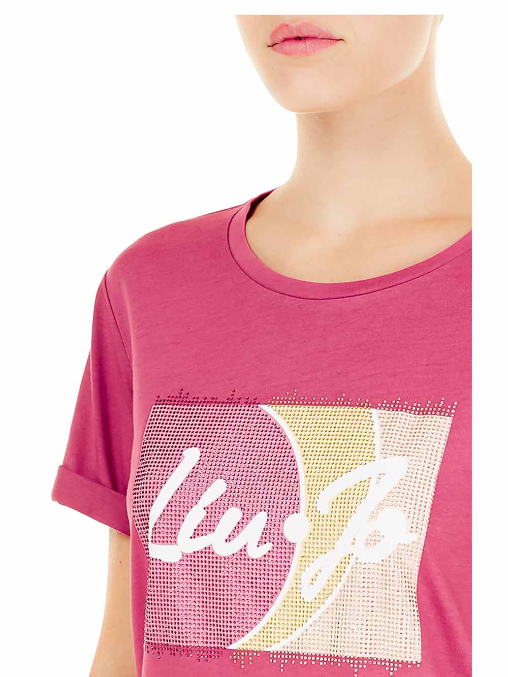 Maglietta Donna Liu Jo Sport con Logo Liu Jo e Strass Rosa - TA1158J6045T9776 Maglietta Donna Liu Jo Sport con Logo Liu Jo e Strass Rosa - TA1158J6045T9776